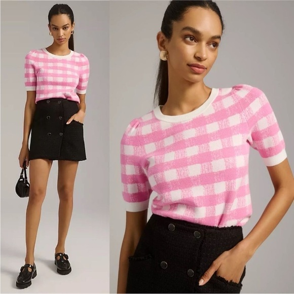 Anthropologie Maeve Jacquard Sweater 3/4 Length Sleeve Tee Checkered Crewneck - Picture 1 of 8